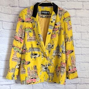Vintage Criscione Art Deco Cars Silk Oversized Blazer XS Yellow 80s 90s French